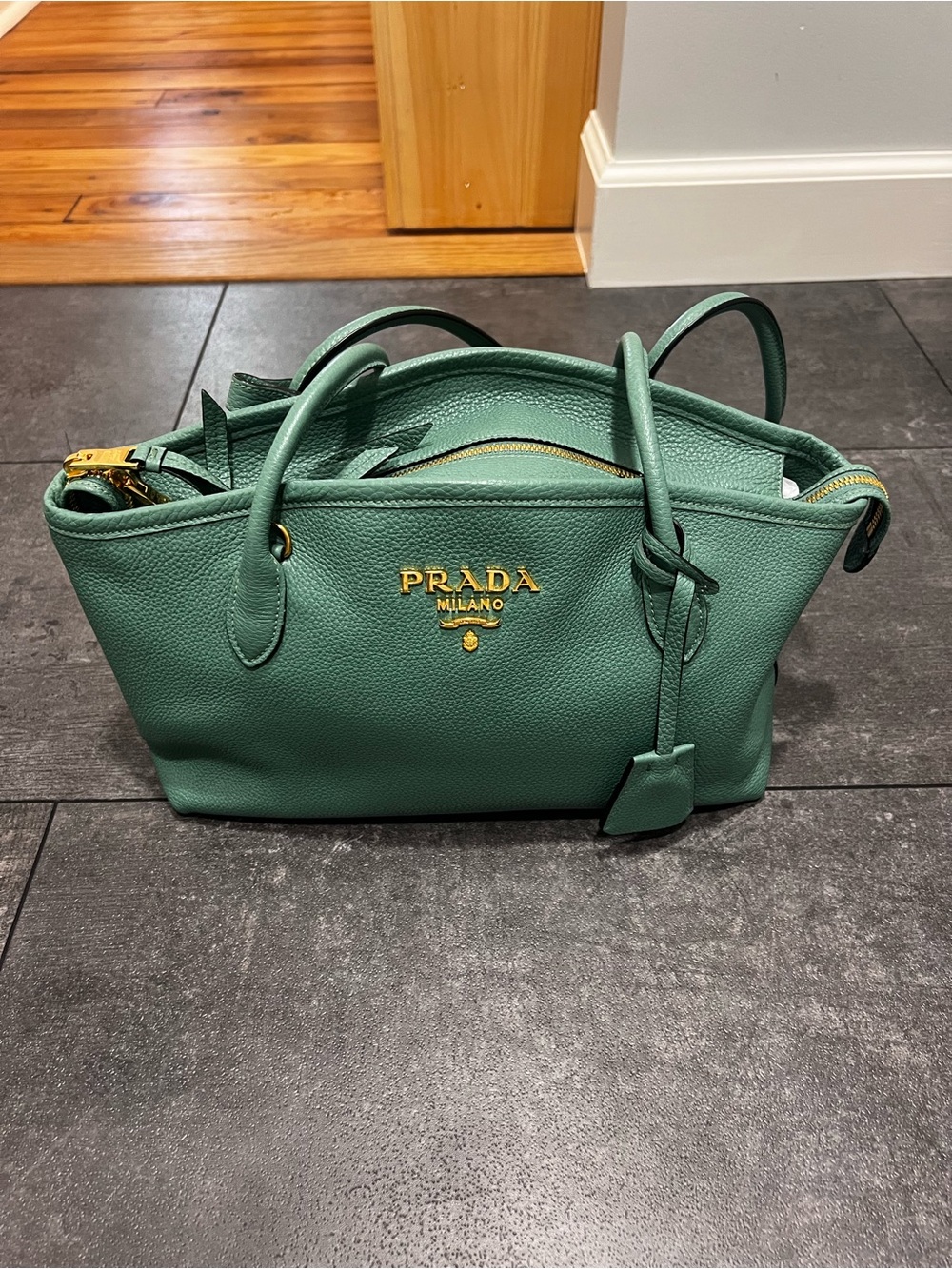 Prada Green Pebbled Leather Satchel with Gold Logo - Picture 2 of 5